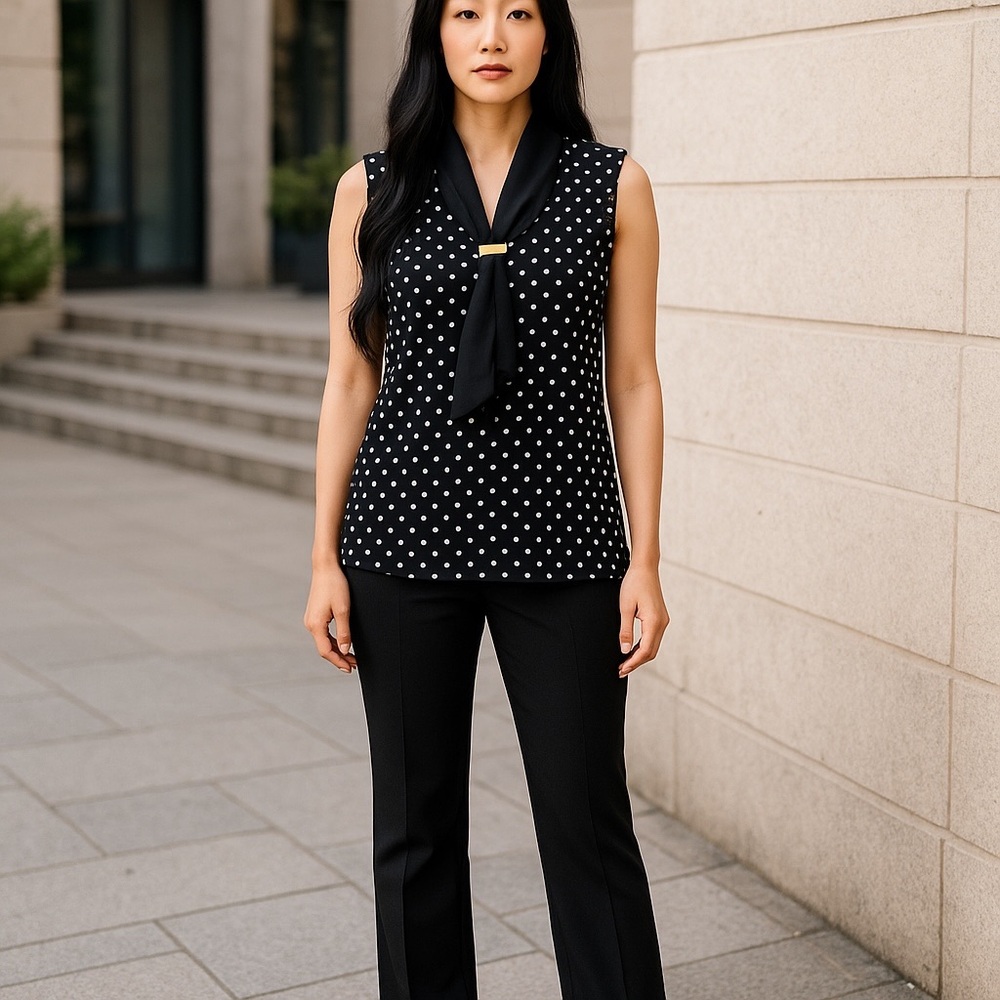 Black Polka Dot Sleeveless Blouse V-Neck